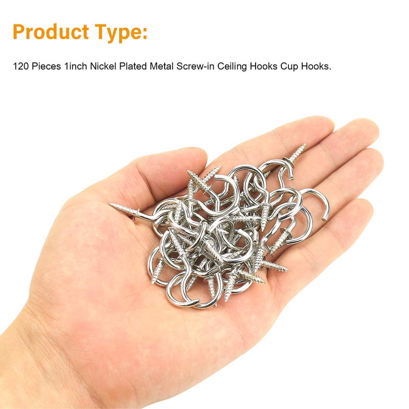 Powlankou 1inch Nickel Plated Metal Screw-in Ceiling Hooks Cup Hooks Silver, 120 Pieces - Image 4